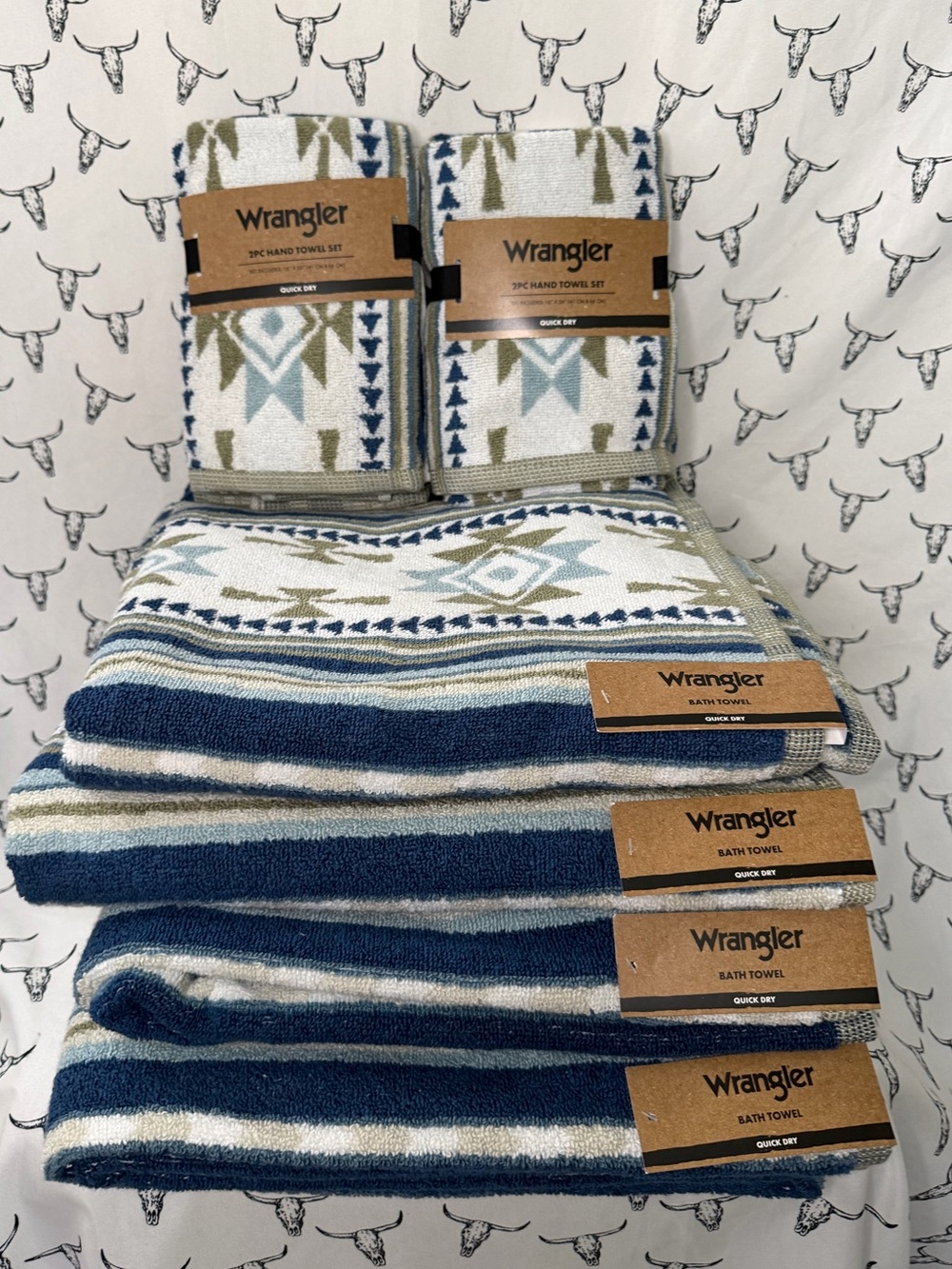 Wrangler Blue, Olive & White Patterned Towel Set - 8pc